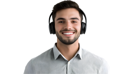 Smiling customer service representative man with headset PNG transparent background