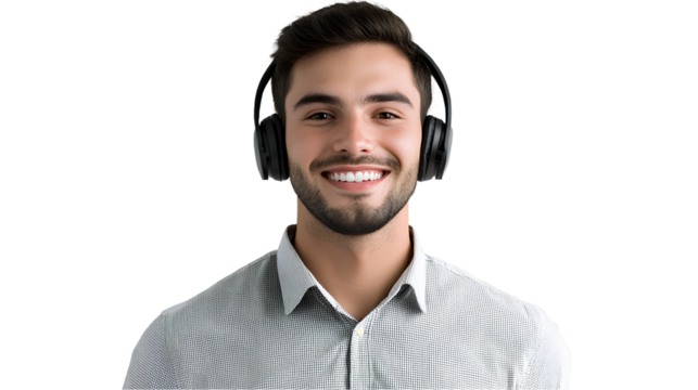 Smiling customer service representative man with headset PNG transparent background