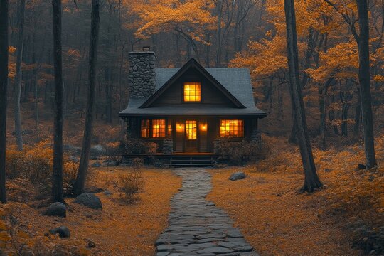 Fototapeta Cozy cabin autumn forest night path