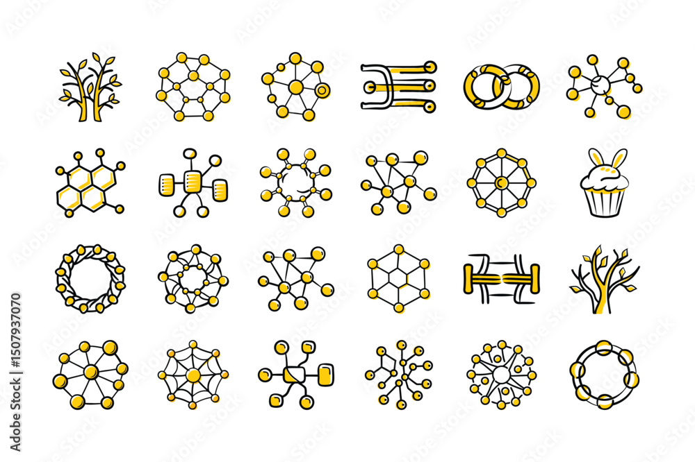 Poster network & connection icons set – hand drawn tech, data, node & blockchain vectors