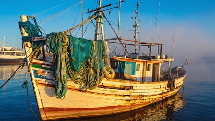 Old Wooden Fishing Boat at Sunrise