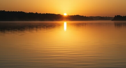 Obraz premium 湖面に反射する日の出の太陽光