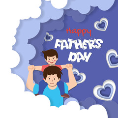 A paper-cut style illustration featuring a father giving his son a piggyback ride, surrounded by layered clouds and hearts, with 