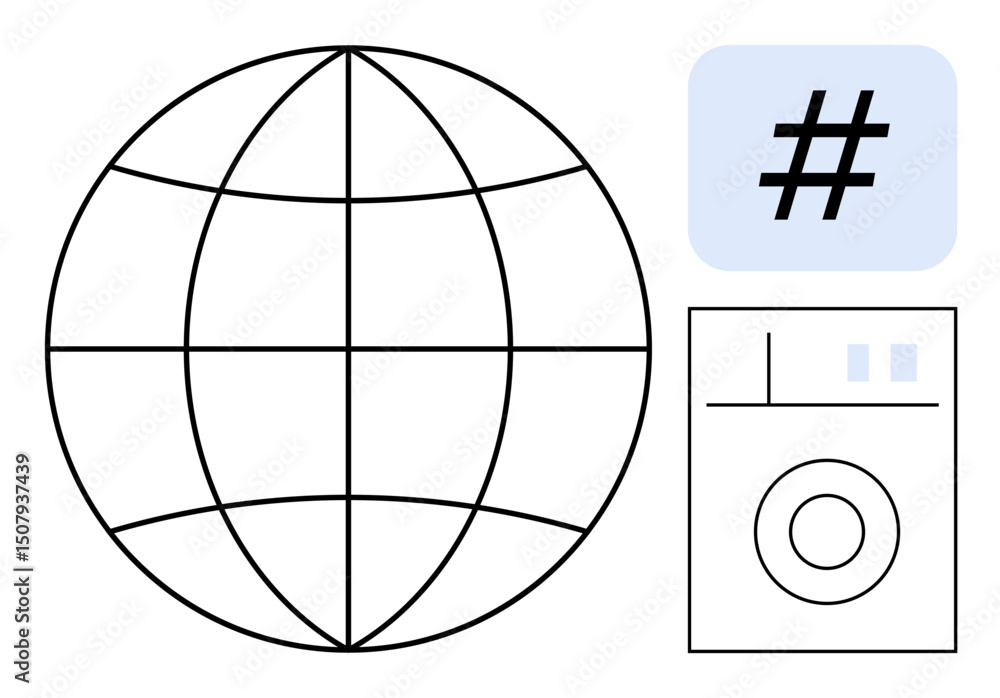 Poster globe with gridlines, large metadata tag, and device panel with circular control. ideal for technolo