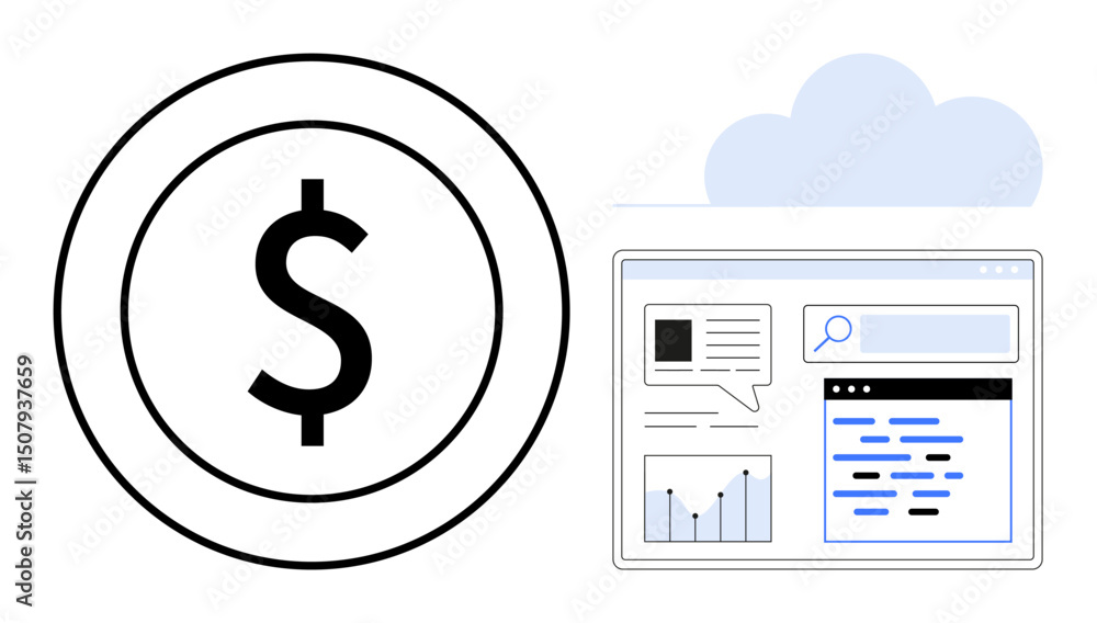 Poster dollar sign beside a browser window showing graphs, search bar, and text under a cloud. ideal for fi