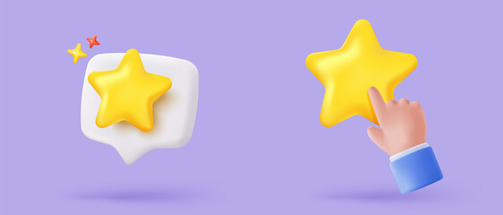 3d yellow stars glossy color icon for rating on pastel background. Customer rating feedback from client about employee of UI mobile concept. 3d star quality icon vector with shadow render illustration