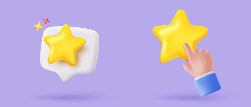 3d yellow stars glossy color icon for rating on pastel background. Customer rating feedback from client about employee of UI mobile concept. 3d star quality icon vector with shadow render illustration