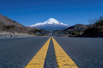 Empty road leading to snow-capped mountain