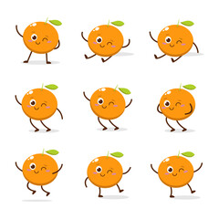 Fototapeta premium Cute Smiling Orange Character. Kawaii Orange Fruit Mascot Style Vector. Cute vector character set in various action emotions. Collection symbols isolated on a white background