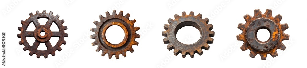 Poster set of rusty gears arranged in a horizontal row. isolated on transparent background