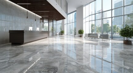 Modern, bright lobby with a sleek reception desk, marble floors, large windows showcasing a city view, and potted plants adding a touch of nature