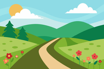 Fototapeta premium Vector illustration of peaceful countryside road with blooming wildflowers and rolling green hills