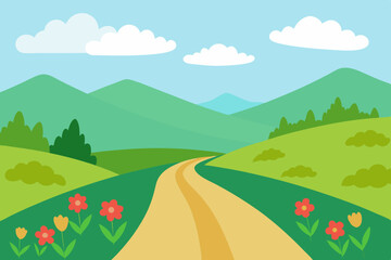 Fototapeta premium Vector illustration of peaceful countryside road with blooming wildflowers and rolling green hills