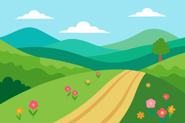 Vector illustration of peaceful countryside road with blooming wildflowers and rolling green hills