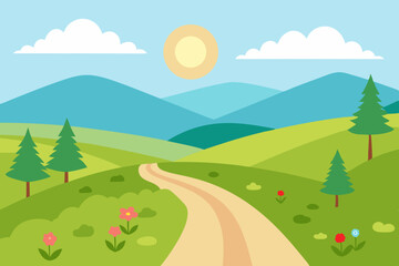 Obraz premium Vector illustration of peaceful countryside road with blooming wildflowers and rolling green hills