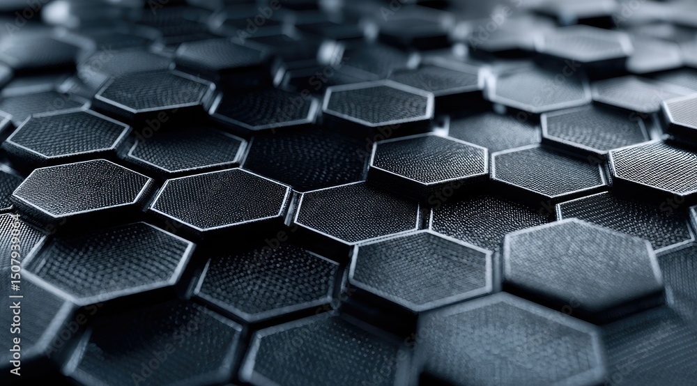Poster a close-up reveals a textured surface composed of numerous dark, metallic hexagons, subtly shifting 