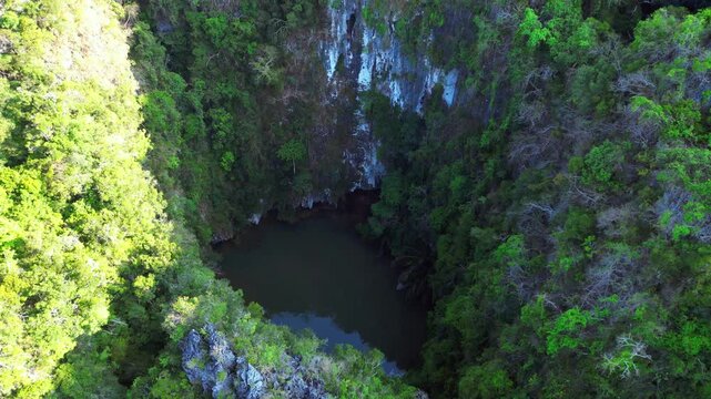 secret lagoon Railay Beach in Krabi, Thailand, featuring limestone cliffs and turquoise water. Perfect aerial view flight tilt up drone
