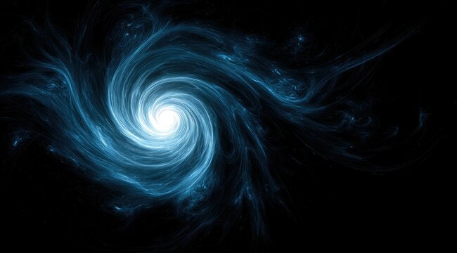A luminous, swirling vortex of ethereal blue energy emanates from a bright center against a pitch-black background. Intricate, smoky tendrils spiral outwards, creating a mesmerizing cosmic effect