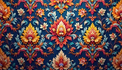 Intricate floral damask textile, repeating design, fabric, background pattern, wallpaper
