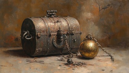 Aged metal chest and ball