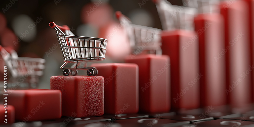 Aufkleber a shopping cart sits on top of a stack of red bar graphs.