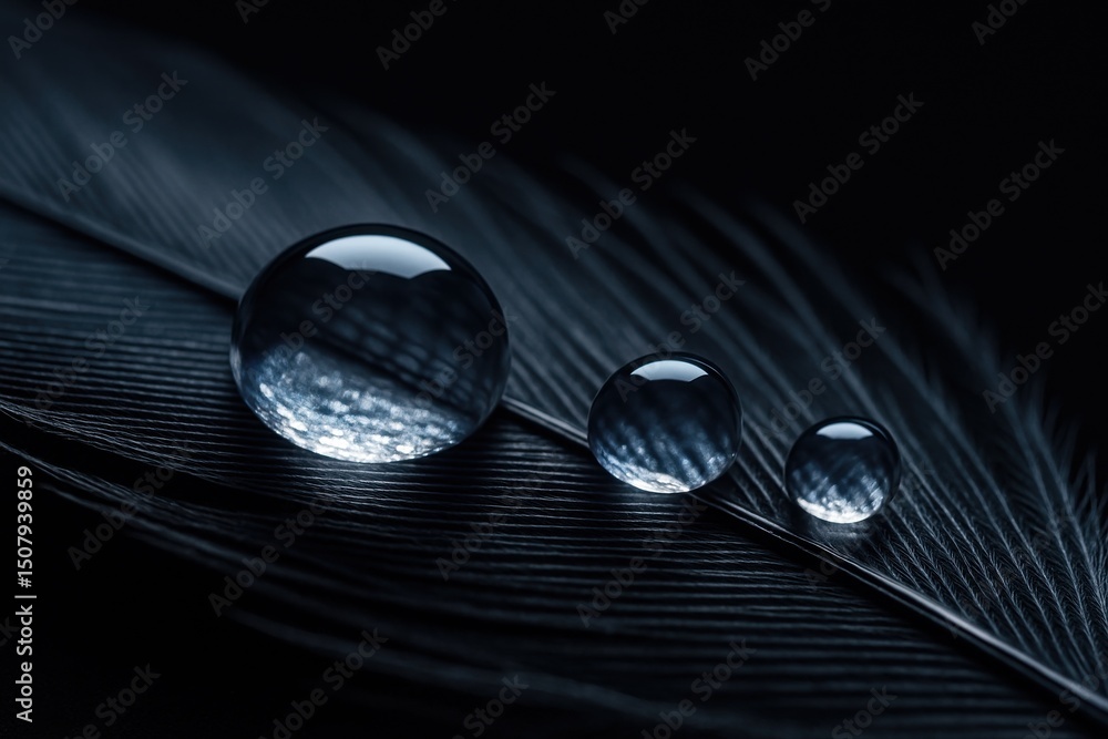 Poster water droplets resting on a dark feather in a macro close up shot