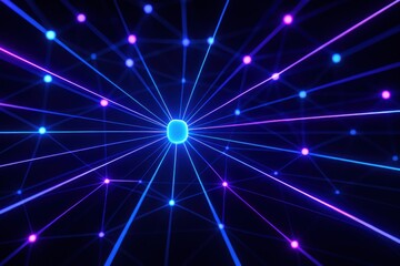 Abstract network with glowing blue center and radiating light lines