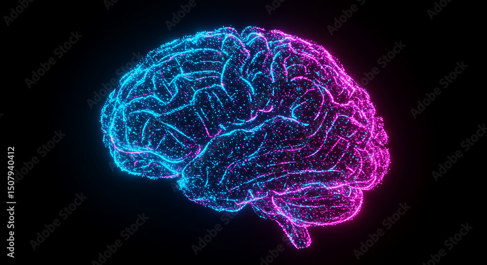 Poster abstract neon brain glowing particle neural network ai digital brain futuristic concept
