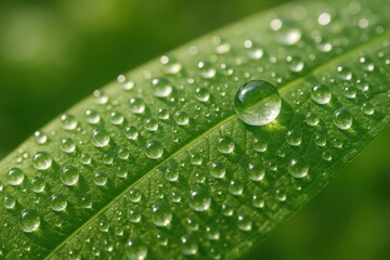 Close up of water droplets on a green leaf in soft focus sunlight