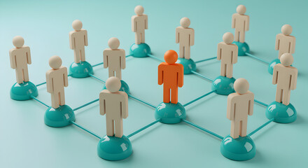 Network Illustration with Beige Figures Connected by Teal Grid with Light Blue Background