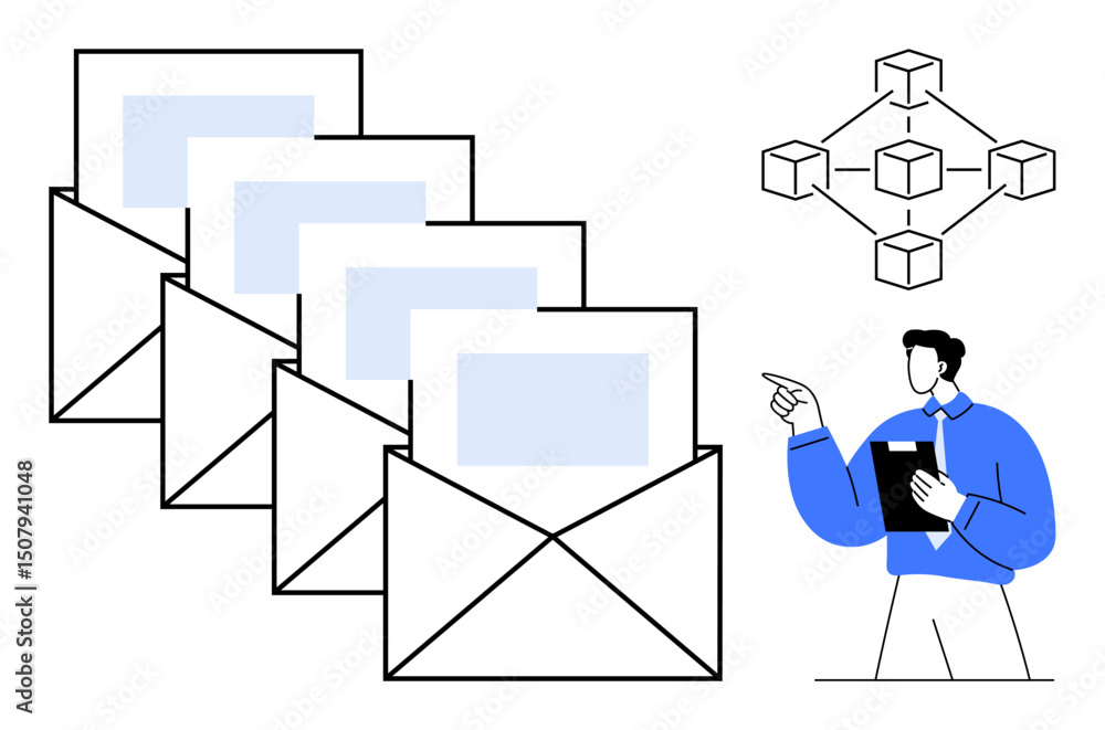 Poster multiple emails arranged in sequence, a man holding a document, and a blockchain diagram. ideal for 