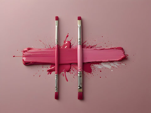 Paintbrushes are painting pink stripes splashes and smears of paint on a white background, creating a vibrant contrast and showcasing a creative painting process