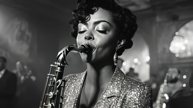 Elegant woman plays saxophone in a stylish jazz club, black and white photo.