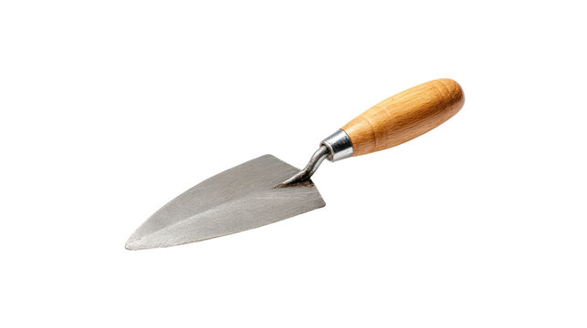 Close up of a trowel with wooden handle on transparent background