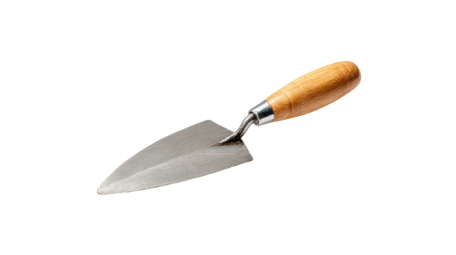 Close up of a trowel with wooden handle on transparent background