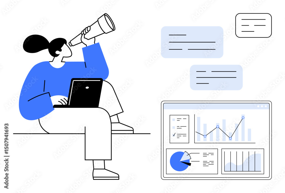Poster woman with laptop exploring analytics using telescope, speech bubbles, and data charts. ideal for an