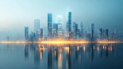 Obraz premium Futuristic city skyline reflected in calm water at dawn. Possible use Stock photo for architectural, design, or technology