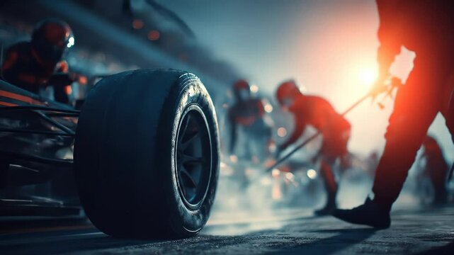 Race Car Pit Stop at Night: Intense Action and Teamwork