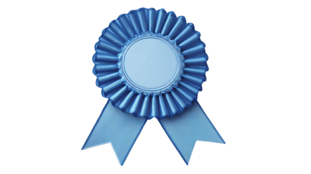 Blue Ribbon Rosette Award Badge with Ribbons on Transparent Background