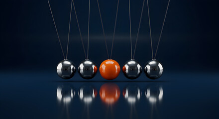 Newton's Cradle with Reflective Chrome Spheres and Unique Orange Ball in Dark Blue Background