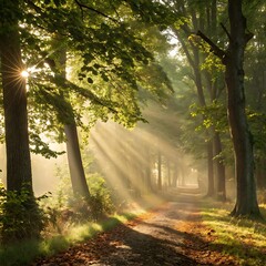 Obraz premium Sunlight streams through the dense foliage of a peaceful forest, casting a warm glow on a meandering trail.