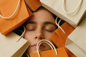 Close-up shot of a young woman’s face, eyes closed surrounded by overlapping orange and cream shopping bags - Generative AI