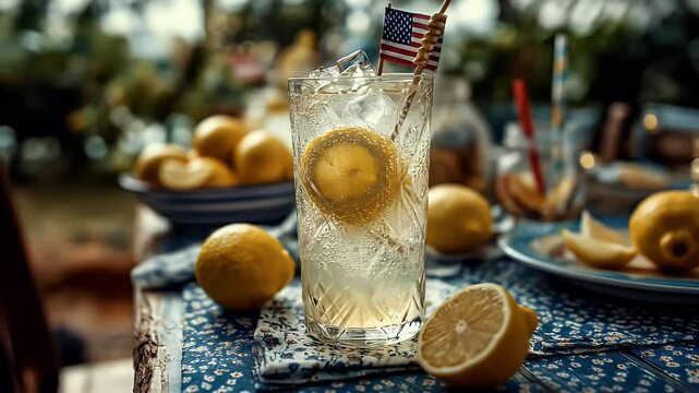 Refreshing lemonade drink with ice and lemon slices summer beverage