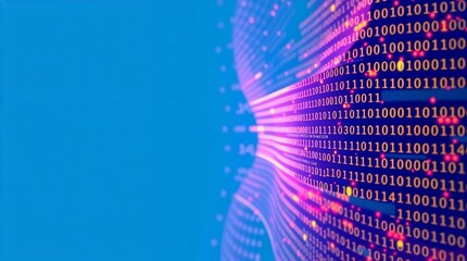 Flowing 3D binary code ribbon undulating in digital display, with glowing particles, copy space