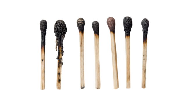 Burnt Matchsticks in Various Stages of Combustion on Transparent Background