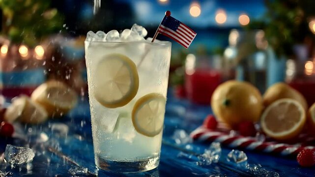 Refreshing lemonade drink with ice and lemon slices