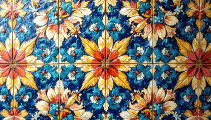 Repetitive geometric floral tile arrangement on wall , pattern, colorful