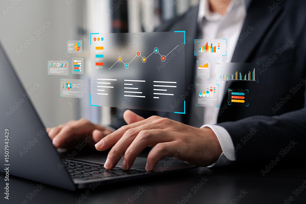 Poster businessman analyzing digital data analytics dashboard on laptop with futuristic graphs and charts, 