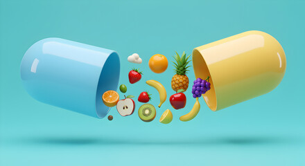 Open Blue and Yellow Vitamin Capsule Filled with Variety of Fruits in 3D Rendering on Pastel Blue Backdrop