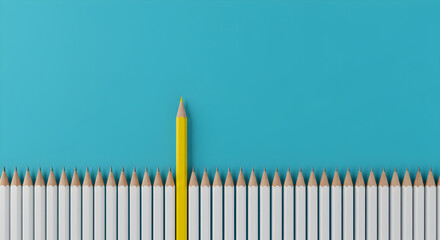 One Yellow Pencil Standing Out in a Row of White Pencils on Blue Background